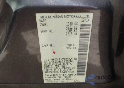 2015 Nissan Altima 2.5/2.5 S/2.5 Sl/2.5 Sv из США, поврежденный, VIN 1N4AL3AP0FN379060